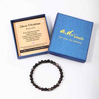 AD Beads 4mm Handmade Silver Obsidian Elastic Bracelet – Natural Gemstone for Protection – Meditation, Yoga, Healing and Energy Gift for Men Women