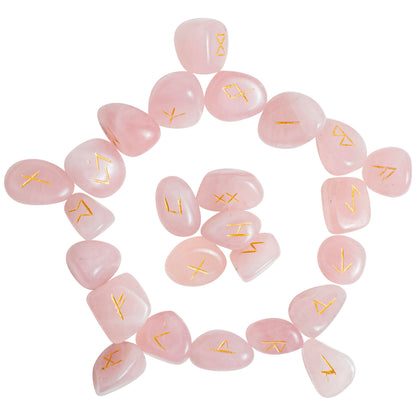 Crocon Rose Quartz Gemstone Rune Stone with Elder Futhark Alphabet Engraved Symbol 25 pcs Set for Feng Shui Reiki Crystal Healing Chakra Balancing Gift Home Decor Size: 15-20 mm