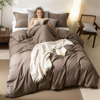BDEAR 3 Pieces Light Chocolate Brown Duvet Cover Set Queen Size 90'' L x 90'' W, 100% Washed Cotton Duvet Cover with Zipper Closure Plus 2 Pillowcases, Oeko TEX Standard Certificated