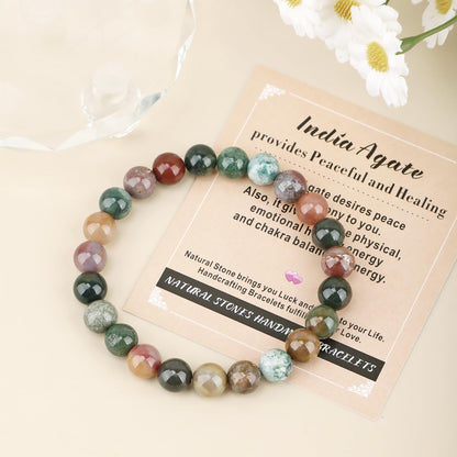 AD Beads Handmade Gemstone Stretch Elastic Bracelet Crystal Healing Reiki Nature's Beauty and Spiritual Essence Unisex (8mm, Indian Agate)