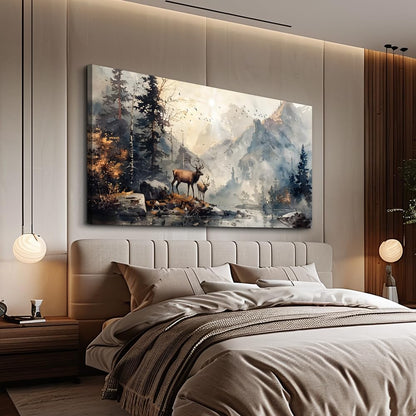 FUHAIHUA Canvas Wall Art For Living Room Framed Wall Decor For Bedroom Office Mountain Forest Landscape Ink Paintings Deer Pictures Artwork Modern Aesthetic Home Decor 20x40 In