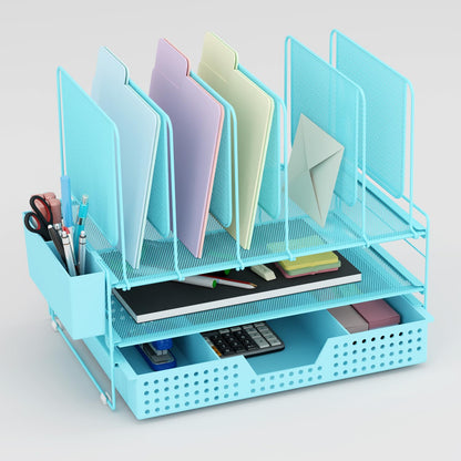 LEKETREE Teal Desk Organizer, Office Organization with Vertical File Holder, File Organizer with Drawer and Pen Holder, Desk Accessories and Workspace Organizers for Home Office (Sky Blue)