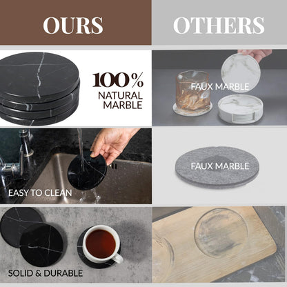 Koville Marble Coaster Set of 4, Round Coasters, 4" Stone Coaster for Drinks Coffee, White Marble Coasters for Coffee Table Home Bar Decor, Heat Resistant, Gift Choice(Black)