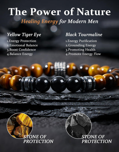 Landorilo Gifts for Men, 8mm Natural Stone Beaded Bracelets, Tiger's Eye & Black Tourmaline Healing Bracelet, Handmade Mens Jewelry Gift for Him, Husband, Son, Father, Friend(To My Son-8.3in)