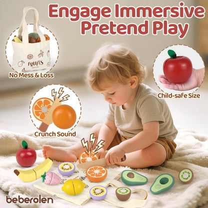Play Food Sets for Kids Kitchen Wooden Food Toys for 3 Year Old Girl Boy Toddler Cutting Pretend Play Set Learning Toys Birthday Gift 1 2 3 Year Old Fruits