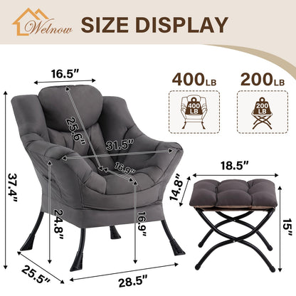 Welnow Lazy Chair with Ottoman, Modern Accent Chair with Armrests and a Side Pocket, Leisure Sofa Armchair, Reading Armchair with Footrest for Small Space, Dark Grey
