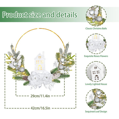 MEIVINES Prelit Christmas Wreath for Front Door 16Inch Artificial Christmas Door Wreath with Lights Silver Rose Farmhouse Xmas Winter Wreath for Christmas Decoration Wall Fireplace Mantle(Silver)