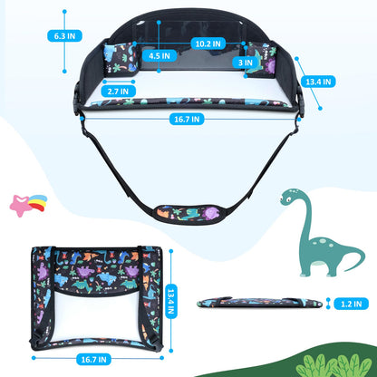 AZAMIA 2Pcs Kids Travel Tray for Toddler Carseat, Road Trip Activities Essentials for Toddler, Kids Lap Desk Tray with Tablet Holder Stand ＆ Dry Erase Board (Dinosaur-2Pcs)