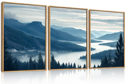 Aurlan Large Pine Tree Mountain River Framed Canvas Wall Art Set,Misty Blue Grey Forest Landscape Wall Decor,Modern Foggy Woodland Lake Artwork for Living Room,Bedroom,office-24 x36 x3