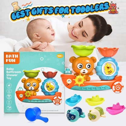 Baby Bath Toys Toddlers 1-3 Bear Kids Bath Tub Toys with 2 Turtle Swimming Wind up Water Toys & 3 Floating Boat Bathtub Toys for Infants Boys Girls 18+ Months Gifts Box Set