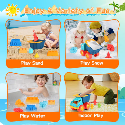 Elovien Beach Sand Toys, Large Dump Truck with Bucket, Sandbox Construction Toy Sand Castle Building Kit with Mesh Bag, Sand Molds, Shovels, Worker Figures, Kids Toddlers Summer Outdoor Travel Toys