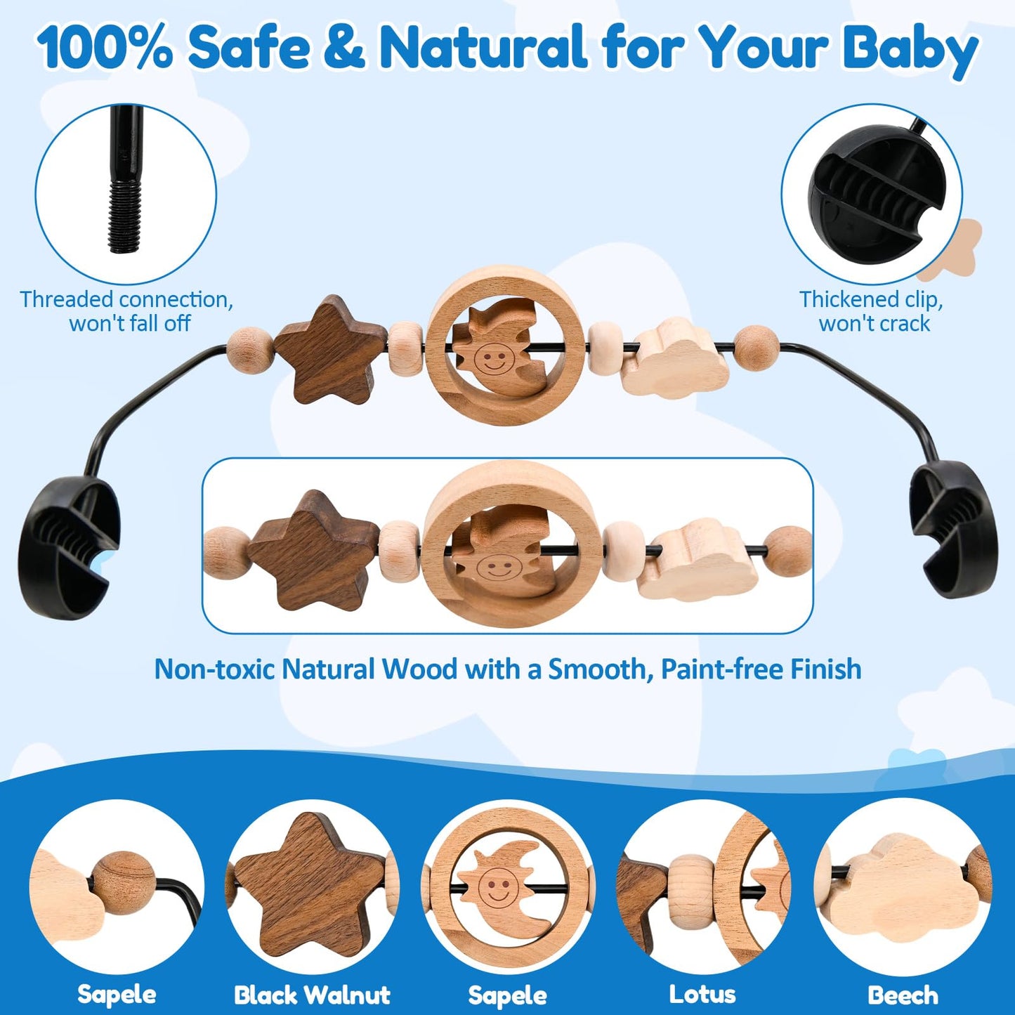 SeaZeHui Natural Wooden Activity Toy Bar for Baby Bjorn Bouncer, 360° Rotating Smiling Moon Hanging Toys for Infant Car Seat & Stroller, Sensory Development Toy 0-12 Months