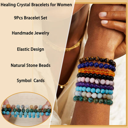 COLOYAN 9PCS Healing Crystal Bracelets for Women Men 8mm Natural Stone Beaded Stretch Bracelet Handmade Reiki Spiritual Jewelry