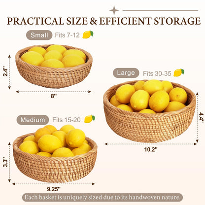 9.2" Medium Round Rattan Wicker Bread Basket, Natural Fruit Basket for Kitchen Counter, Hand Woven Food Baskets, Artisanal Bread Baskets for Serving, Fruit, Vegetable, Snack, key, Etc.