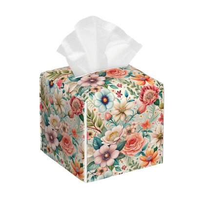 Leather Tissue Box Holder Colorful Floral Tissue Box Cover Facial Paper Case Organizer Cube Napkin Dispenser for Bathroom Vanity Countertop Night Stand Office Car