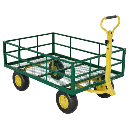 Garden Cart & Utility Wagon1200 lb Heavy-Duty Wheelbarrow, 47"x31" Steel Yard Cart with Wheels, 180° Adjustable Yellow T-Handle, Green (for Lawn, Patio & Farm)