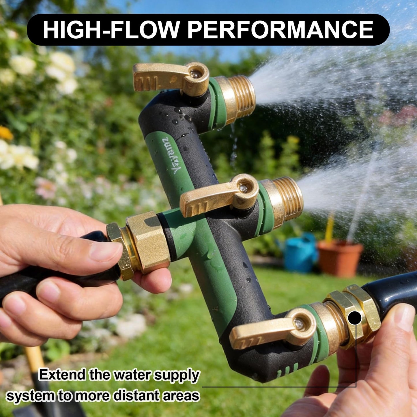3 Way Garden Hose Splitter,High Flow Outdoor Faucet Splitter,Hose Splitter with Independent Shut Off Valves,Wide Spacing for Hose Timers,Sprinklers,Lawn,Yard and Garden Watering
