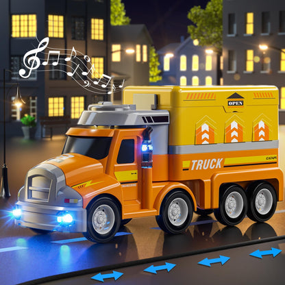 Doloowee Construction Truck Toy Set with 8 Vehicles, Car Carrier with Movable Station, Educational Vehicle Toys for Kids 3-8 Years, Orange