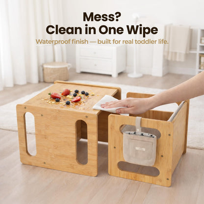 Little Habitats Montessori Weaning Table & Chair Set – Kids Desk & Activity Table with Flip Chair, Removable Cushion, Hanging Pouch & Toy, Convertible, Indoor/Outdoor Toddler Dining, Play & Learning