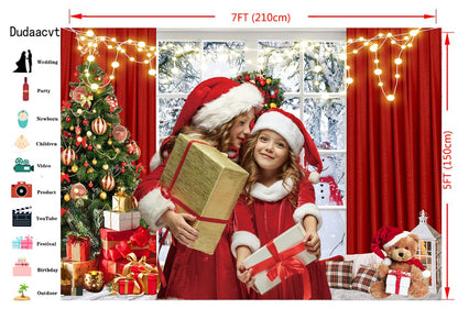 Christmas Window Backdrop 7x5ft Red Curtain Photography Backdrop Winter Xmas Party Banner Decorations Background Xmas Holiday Party Photo Booth D649