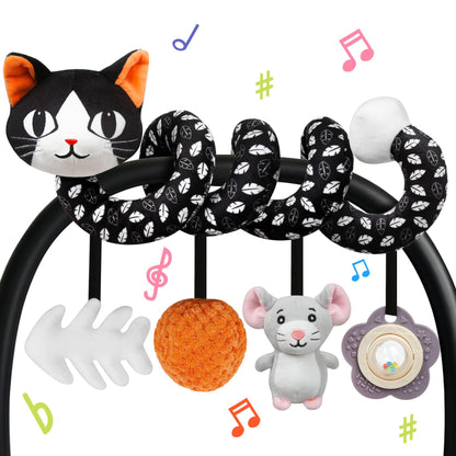 Car Seat Toys for Babies 0-6 Months,Hanging Rattle Toys for Crib Mobile, Baby Spiral Hanging Stroller Black and White High Contrast Toys for Newborn 0 3 6 9 12 Months Baby Boys Girls (Cat)