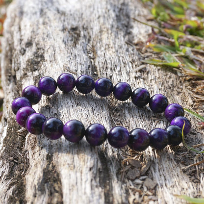 10mm Purple Tigers Eye Bracelet for Women Men | Natural Handmade Protection Amethyst Color Throat Chakra Gemstone Crystal Jewelry | Beading Tool Kit - Fits for 7-8" Large Wrist | Boost Motivation