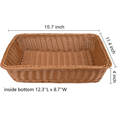 Yarlung 2 Pack Woven Bread Basket, Plastic Wicker Fruit Baskets 15.7 x 11.4 Inch, Imitation Rattan Food Serving Trays for Vegetables, Kitchen, Restaurant, Outdoor, Brown