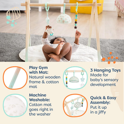 B. toys – Wooden Baby Play Gym – Activity Mat – Starry Sky – 3 Hanging Sensory Toys – Natural Wood – Babies, Infants