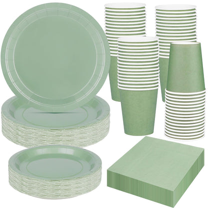TWOWYHI 200PCS Party Supplies Paper Plates Set for Party with 50Guests 7"and 9" Disposable Plates Napkins Cups for Birthday Bridal Shower Wedding Parties Sage Green