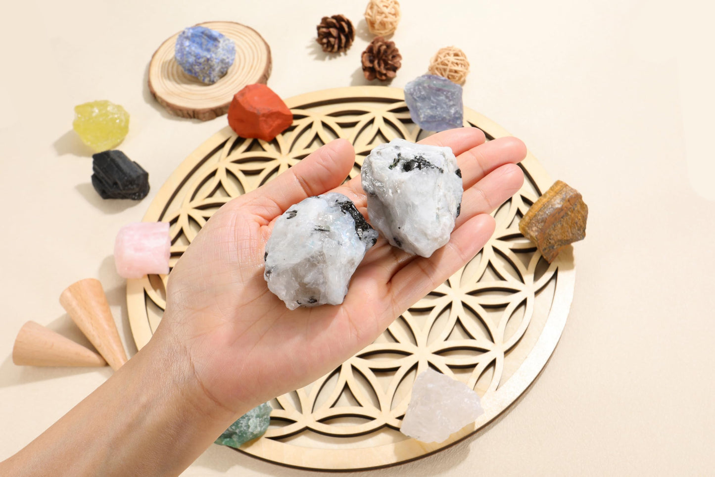Jovivi 2pcs Raw Rainbow Moonstone Crystals,Large 1.6-2.2" Healing Crystals Natural Rough Stones Crystal for Tumbling, Cabbing, Home Decoration, Polishing, Wicca & Reiki