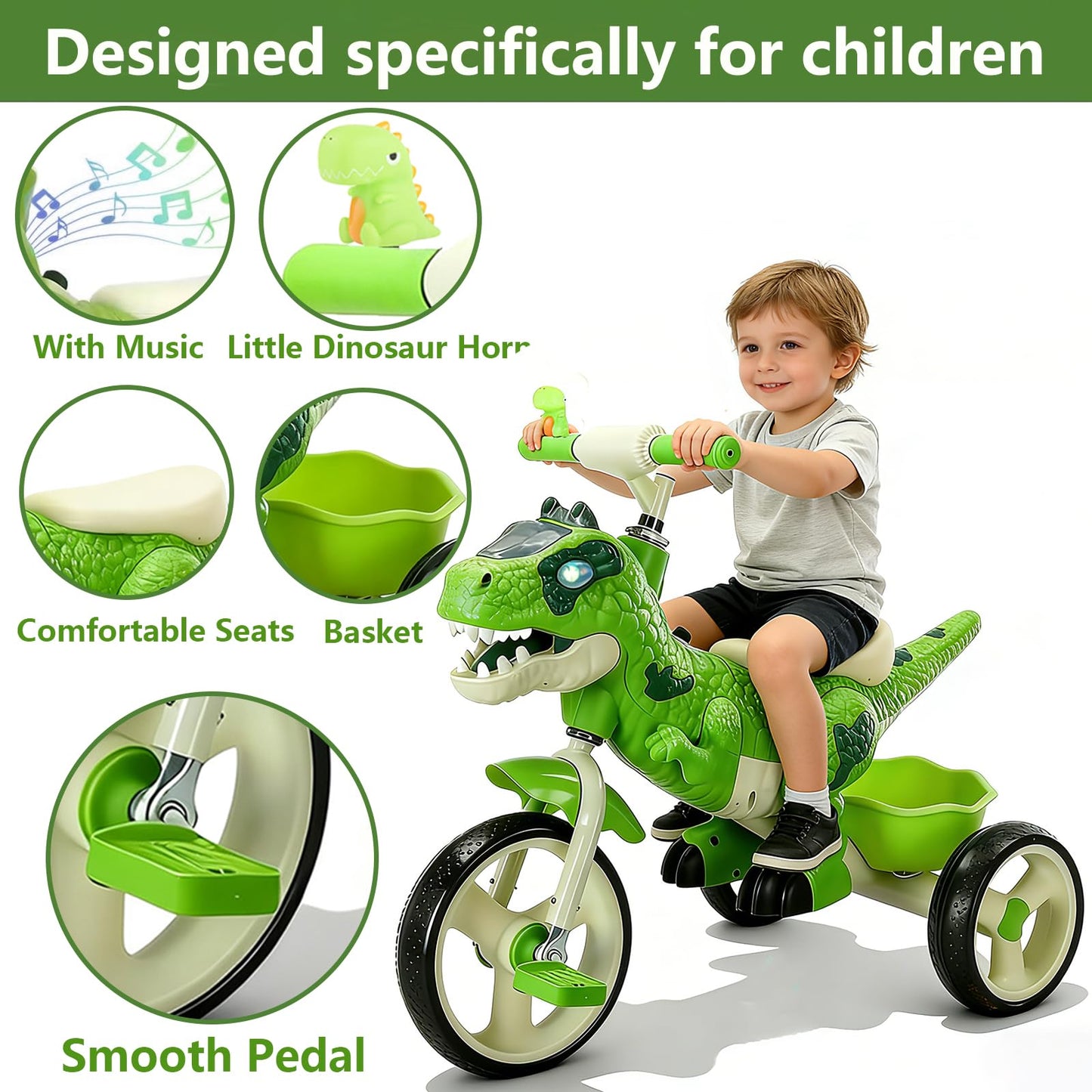 NMM Dinosaur Tricycle for Toddlers, Kids Trike with Music, LED, Tricycles for 3-5 Year Olds, for Rider, Big Wheel, Storage Basket, Horn, Toddler Bike for Boy, Dinosaur Toys for Kids 2-4 4-7