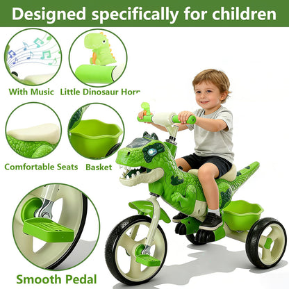 NMM Dinosaur Tricycle for Toddlers, Kids Trike with Music, LED, Tricycles for 3-5 Year Olds, for Rider, Big Wheel, Storage Basket, Horn, Toddler Bike for Boy, Dinosaur Toys for Kids 2-4 4-7