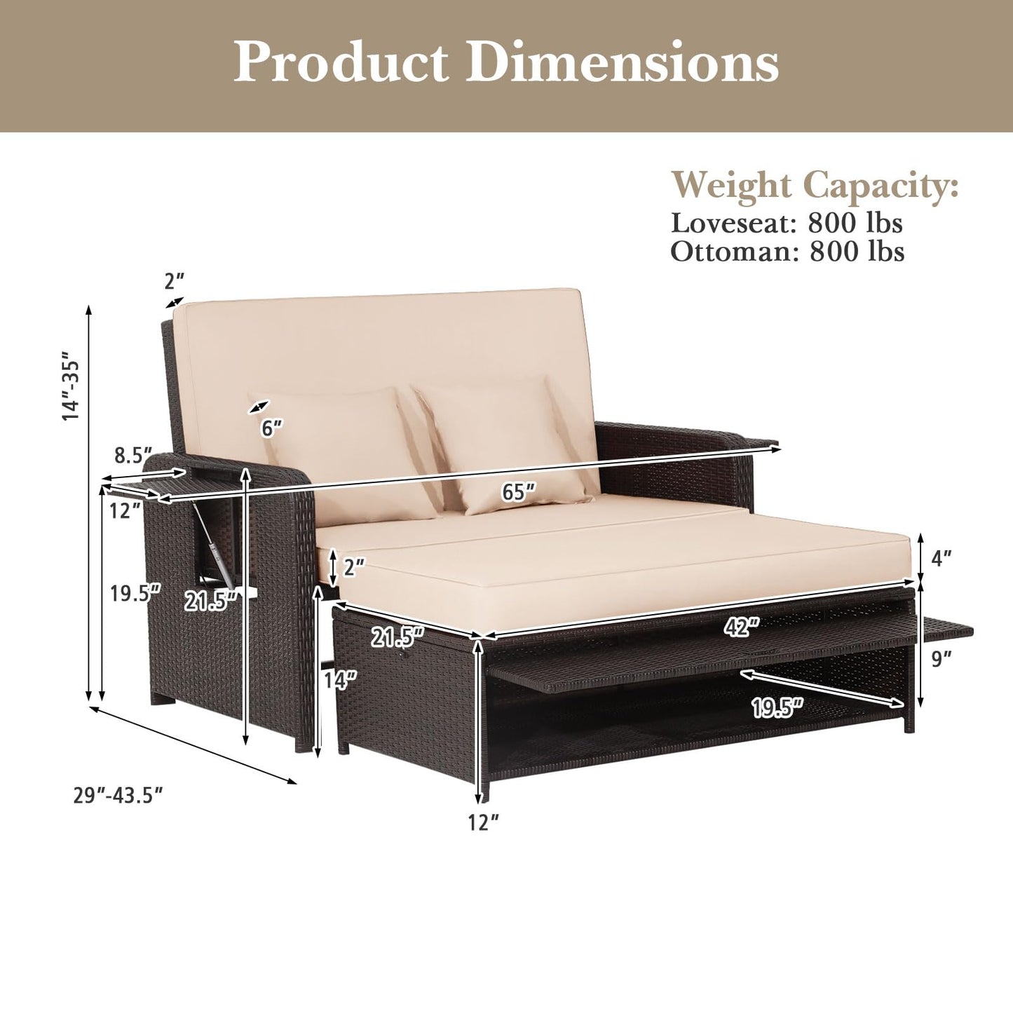 Tangkula Patio Rattan Daybed with 4-Level Adjustable Backrest, Outdoor PE Wicker Loveseat with Storage Ottoman & Folding Side Tray, Double Sunbed Lounger for Balcony, Backyard & Poolside