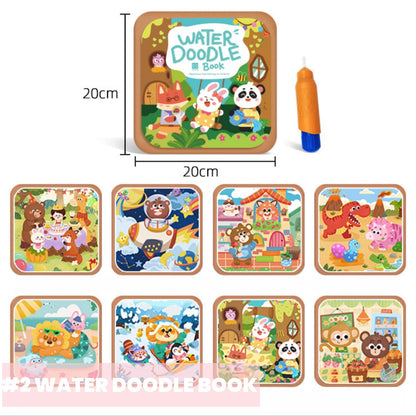 FZRMU Toddler Water Doodle Book Set for Ages 1-3, Mess Free Travel Activity Set with 2 Reusable Water Coloring Books, 1 Sticker Busy Book, Water Pens & Cards, Learning Toy for Car Rides Airplane