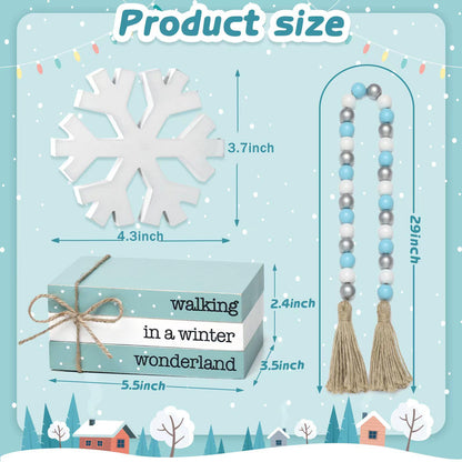 WODOHOLO 5Pcs Winter Wooden Tiered Tray Decor, Wooden Book Stacks Bundle with Snowflake Table Decor, Blue Xmas Rustic Farmhouse Tabletop Centerpieces Home Kitchen Decoration