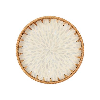 Kmelep Round Rattan Tray with Mother of Pearl Inlay, Rattan Serving Tray with Wooden Base, Decorative Wicker Basket for Table Decor, Storage and Display of Coffee Bread Food Fruit (Leaf 2)