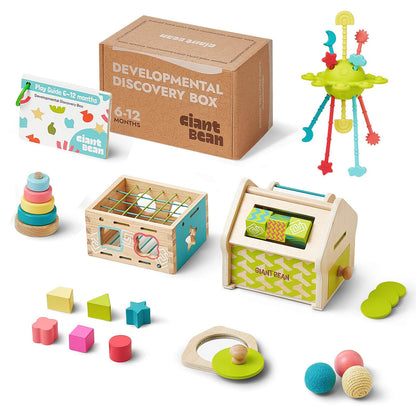 Giant bean Montessori Toys for Baby, 6-in-1 Wooden Early Education Learning Toys with Sensory Teething,Object Permanence Box,Shape Sorting Stacking Ring,Mirror Puzzle,Christmas Toy for Kid 1 2 3