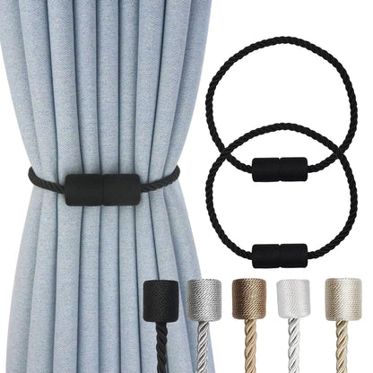 2 Pack Magnetic Curtain Tiebacks Modern Handmade Rope Curtain Tie Backs Decorative Drapes Holdbacks for Home Outdoor Bedroom Decorative Curtain (Black)