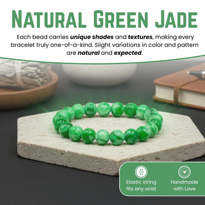 AKDNZ Jade Bracelet for Women & Men - Natural Green Jade Bracelet with 8mm Round Beads, Handmade Adjustable Healing Crystal Jewelry for Spiritual Balance, Luck, Wealth & Protection, Gift for Christmas