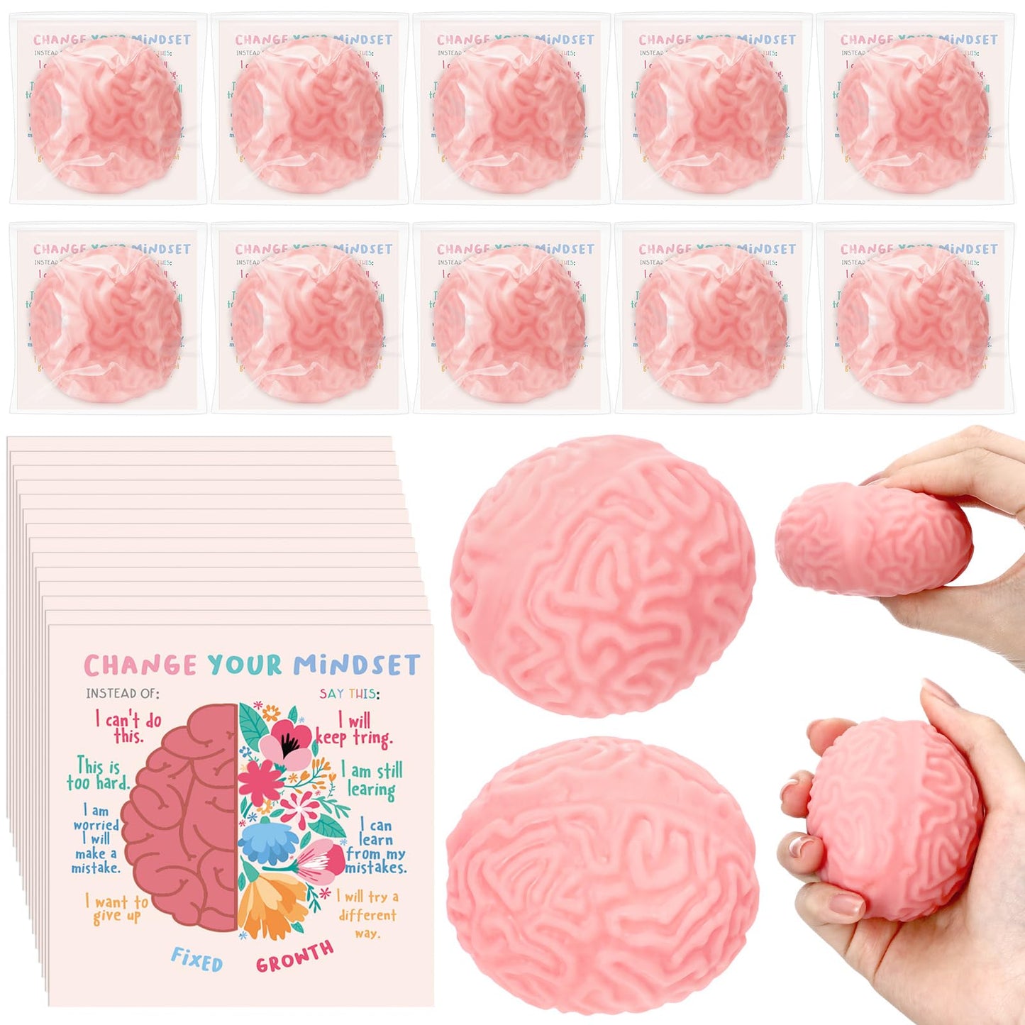 Hollowfly 72 Set Growth Mindset Gift Brain Stress Balls Bulk with Motivational Cards Back to School Stress Balls Gifts Funny Relief Toy for Students Classroom Employee Appreciation for Coworker
