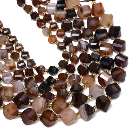Yochus 42pcs Natural Brown Striped Agate Stone Beads for Bracelet，2strands 6mm Facted Twist Loose Gemstone Beads for Jewelry Making DIY Craft Necklace Earring