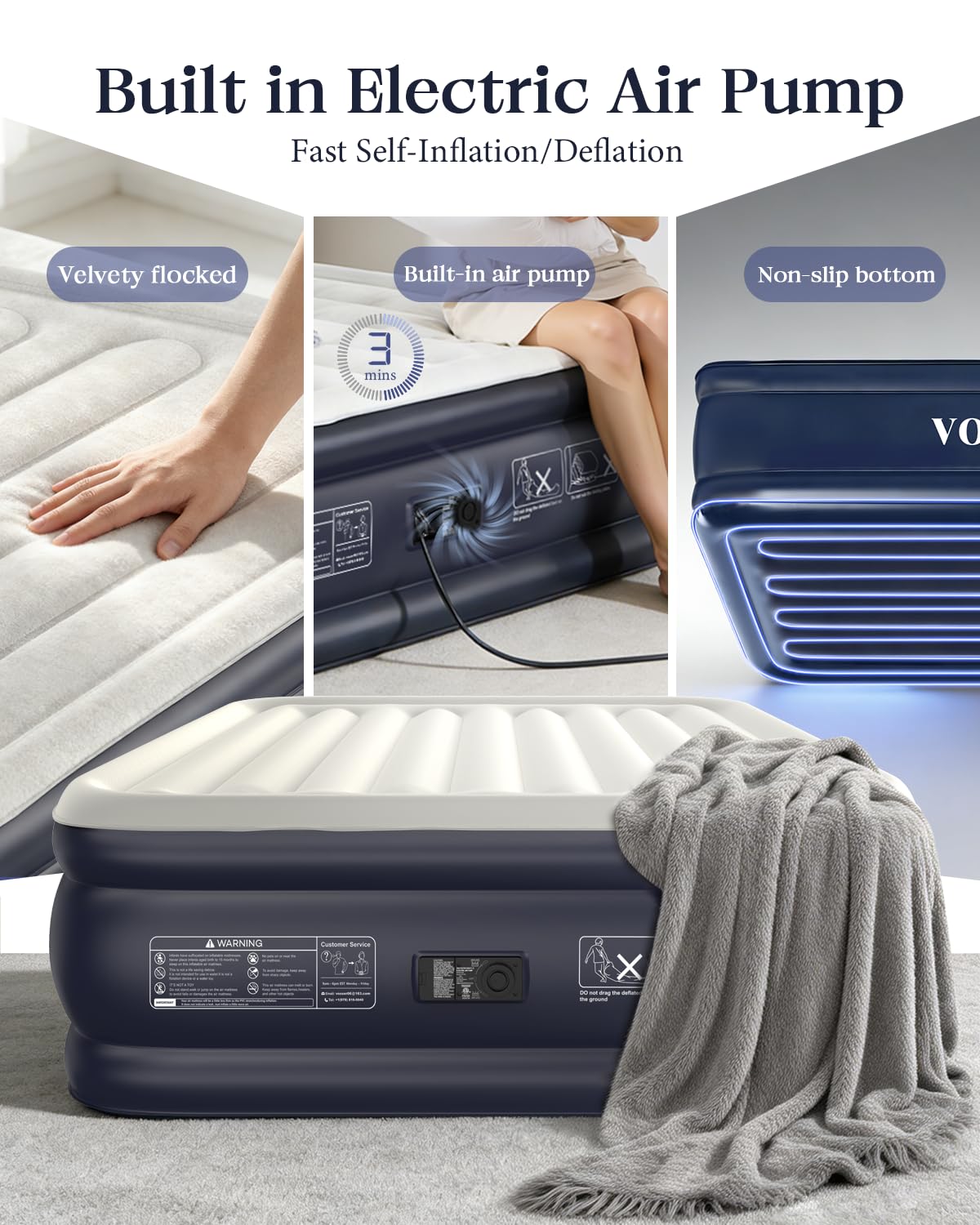 VOSSER Air Mattress Queen with Built-in Pump, 18" Raised Inflatable Blow Up Mattress,Upgraded Heavy Duty Portable Air Bed for Home,Guests,Floor & Camping, Self Inflating Colchon Inflable,Gift for Mom