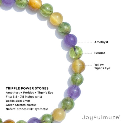 Joyfulmuze Green Peridot Yellow Tiger’s Eye Purple Amethyst, Gemstones Stretch Bracelet, Handmade Spiritual Jewelry, Healing Chakra Bracelet, Gifts for Women, 6mm, 7”(Peridot - Tiger’s Eye - Amethyst)