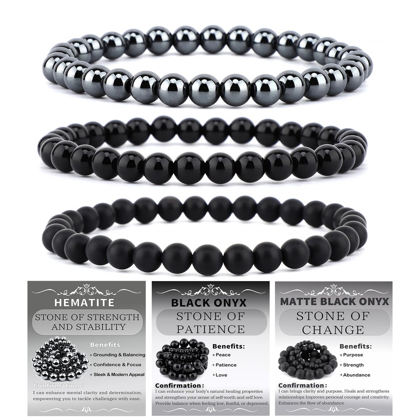 NCB 3-Piece 6mm Natural Crystal Gemstone Stretch Bracelets – ﻿Black Onyx, Hematite, Matte Black Agate Handmade Reiki Energy Healing Jewelry for Meditation,Yoga, Unisex