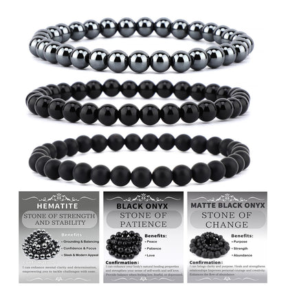 NCB 3-Piece 6mm Natural Crystal Gemstone Stretch Bracelets – ﻿Black Onyx, Hematite, Matte Black Agate Handmade Reiki Energy Healing Jewelry for Meditation,Yoga, Unisex