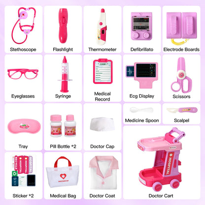 Phobby Doctor Kit for Toddlers Aged 3 4 5, Medical Pretend Play Set for Kids with Bag and Costume, Doctor Cart Toy for Girls Boys Birthday Gift (Pink)