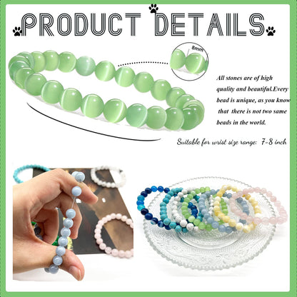 SROBENZ 12 PCS Gemstone 8mm Round Beaded Bracelet Set Healing Crystal Stone Stretch Bracelets for Women Men Round Beads Elastic Bracelets