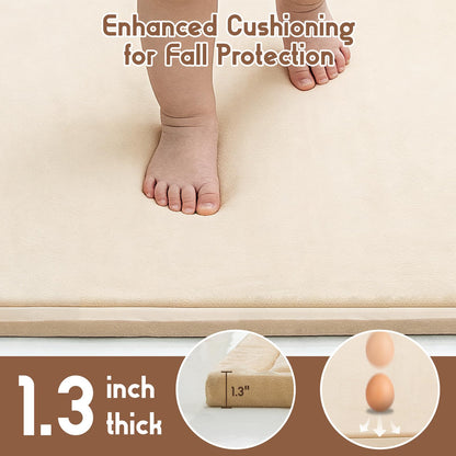 TreeBud Baby Play Mat for Floor, 1.3 Inch Thick Memory Foam Tummy Time Mat with Non Slip Backing, Soft Coral Velvet 50×50 Inch Playpen Mat Crawling Tatami for Infants Toddlers Kids, Beige