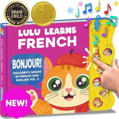 Lulu Learns French Bundle Deal — Interactive Sound Board Book for Toddlers 1-3, Bilingual English & French Songs & Music, Talking Musical Learning Toy and Gift for Babies & Kids