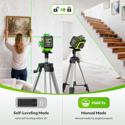 Alloyman Laser Level with Tripod, 4 × 360° Self Leveling Laser Level, Nivel Laser Green Line Lazer Leveler Tool for Picture Hanging, Home Renovation, Indoor Project, 2*Battery&Carrying Bag Included